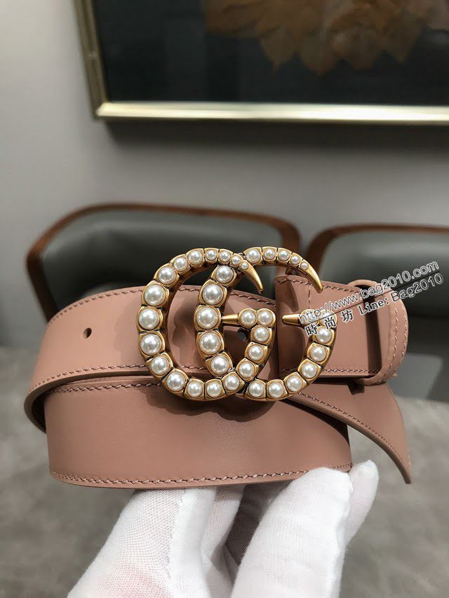 Gucci女士皮帶 古奇珍珠扣雙面牛皮腰帶  jjp1848